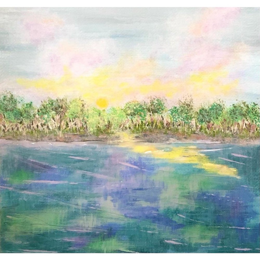 Lake View Original Acrylic Painting, Signed, 6 x 6